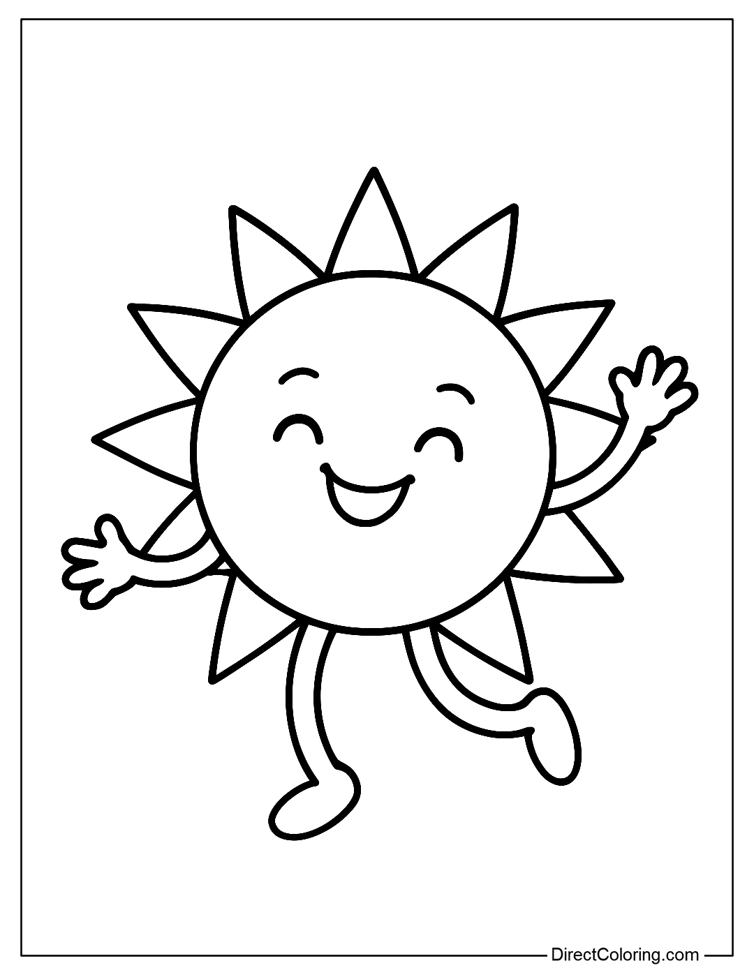 dancing sun coloring page with tiny arms and legs, fun style for kids
